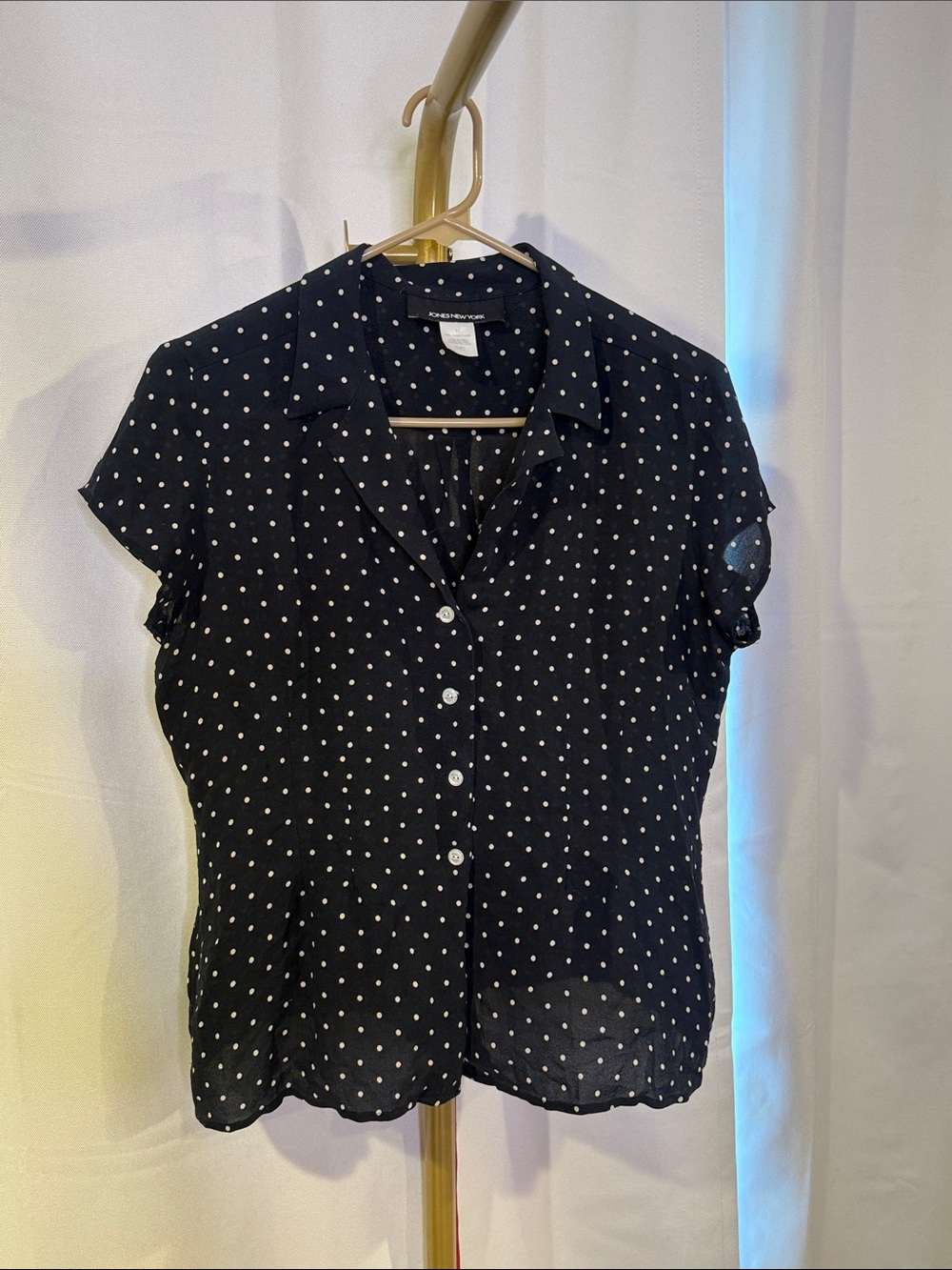 Jones New York SILK Black Polka Dot Short-Sleeve Button Blouse 12/L